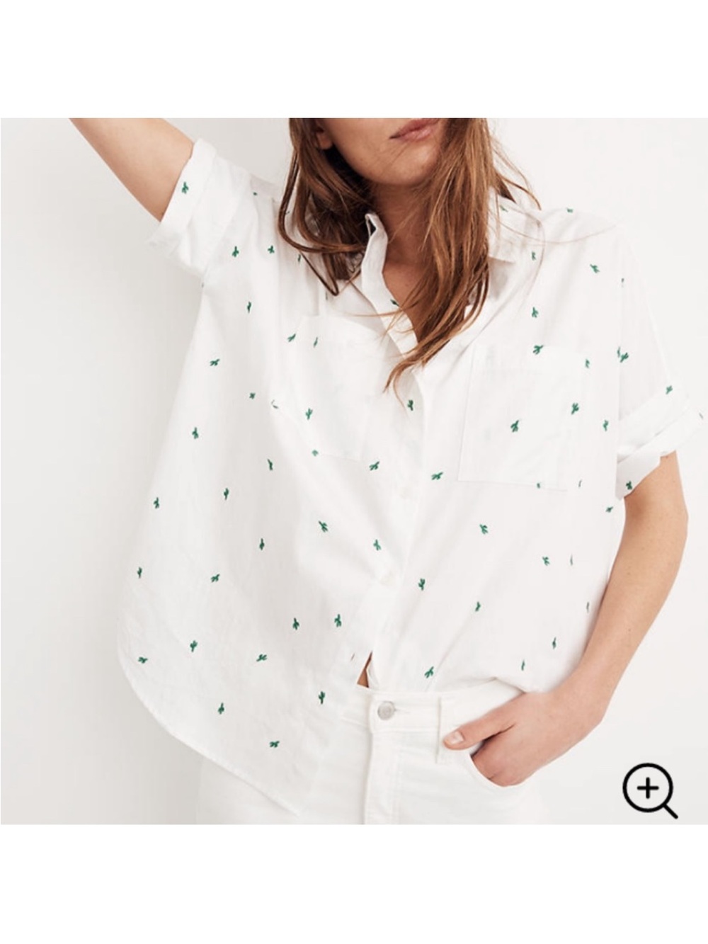 Boxy Madewell White Short-Sleeve Button-Down with Green Cactus Embroidery - Picture 2 of 8